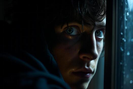 A suspenseful scene with a person looking out of a window, fearing that danger is lurking in the darkness. Generative Ai photo