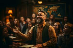 un profesor utilizando expresivo gestos a contratar estudiantes en un divertido y interactivo aprendizaje experiencia. generativo ai foto