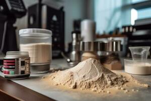 Raw ingredients being processed and transformed into high-quality protein powders, highlighting the manufacturing process. Generative AI photo