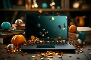 A vibrant image of a laptop surrounded by a variety of discounted products, symbolizing the excitement and savings of Cyber Monday shopping. Generative Ai photo