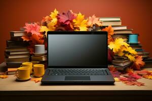 A vibrant image of a laptop surrounded by a variety of discounted products, symbolizing the excitement and savings of Cyber Monday shopping. Generative Ai photo