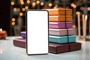 Smartphone displaying a series of discounted product offers, emphasizing the accessibility and mobile shopping experience on Cyber Monday. Generative Ai photo