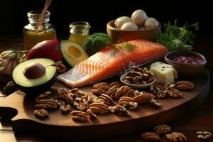 Various foods rich in Omega 3, such as fatty fish, flaxseeds, and walnuts, arranged in an attractive manner. Generative AI photo