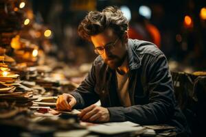 A writer sitting at a desk, surrounded by books and papers, deep in thought as they compose their next masterpiece, illustrating the freedom of expression through written words. Generative AI photo