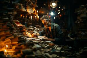 A writer sitting at a desk, surrounded by books and papers, deep in thought as they compose their next masterpiece, illustrating the freedom of expression through written words. Generative AI photo