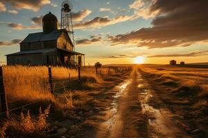 Grain silos and barns, nestled amidst rural farmland. Generative Ai photo