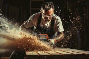 Carpenter in the midst of cutting wood with sawdust flying, capturing the essence of their creative process. Generative AI photo