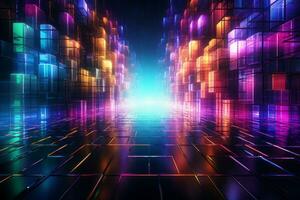 An abstract futuristic background with vibrant neon-colored lines and grids, resembling a digital matrix, perfect for tech-related designs and sci-fi concepts. Generative Ai photo