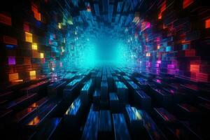 An abstract futuristic background with vibrant neon-colored lines and grids, resembling a digital matrix, perfect for tech-related designs and sci-fi concepts. Generative Ai photo