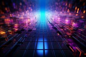 An abstract futuristic background with vibrant neon-colored lines and grids, resembling a digital matrix, perfect for tech-related designs and sci-fi concepts. Generative Ai photo