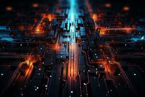Abstract circuit board-inspired background with neon traces and electronic components, symbolizing connectivity and digital advancement. Generative AI photo