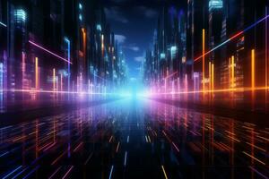 An abstract futuristic background with vibrant neon-colored lines and grids, resembling a digital matrix, perfect for tech-related designs and sci-fi concepts. Generative Ai photo