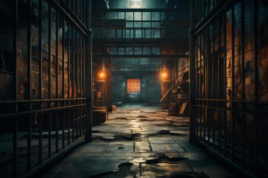 Prison cell, with a focused view on the iron bars, depicting the feeling of confinement and isolation. Generative AI photo