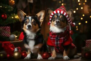 An enchanting image of pets dressed as Santa's elves, surrounded by sparkling Christmas ornaments and twinkling lights, ready to assist with holiday preparations. Generative Ai photo