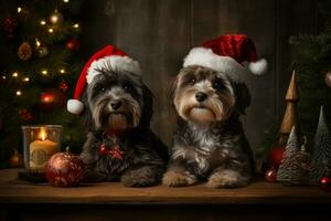 An enchanting image of pets dressed as Santa's elves, surrounded by sparkling Christmas ornaments and twinkling lights, ready to assist with holiday preparations. Generative Ai photo