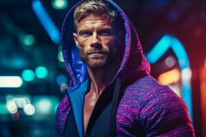 A caucasian bodybuilder wearing trendy and functional fitness apparel, highlighting the importance of comfortable and stylish clothing for optimal performance during workouts. Generative Ai photo