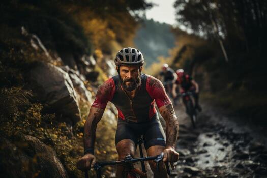 Cyclist engaged in a challenging hill climb or intense training session, conveying the physical fitness and endurance aspects of cycling. Generative Ai photo