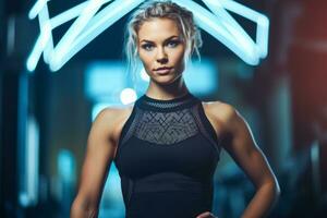 A female caucasian bodybuilder wearing trendy and functional fitness apparel, highlighting the importance of comfortable and stylish clothing for optimal performance during workouts. Generative AI photo