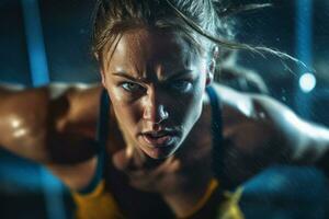 A female caucasian bodybuilder during a workout, with sweat glistening and a determined expression, motivating viewers to push themselves in their fitness journey. Generative Ai photo