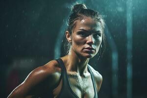 A female caucasian bodybuilder during a workout, with sweat glistening and a determined expression, motivating viewers to push themselves in their fitness journey. Generative Ai photo