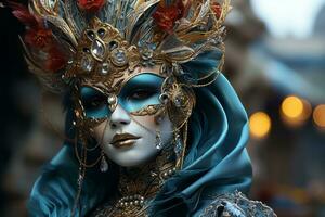 Mysterious figure wearing a Venetian Carnival Mask, evoking the allure and elegance of Venice. Generative AI photo