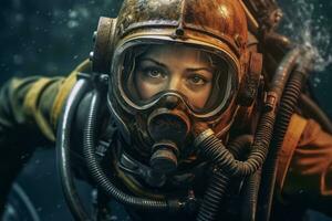 mujer escafandra autónoma buceo en el profundo océano, explorador un submarino naufragio y revelador el sentido de aventuras y exploración. generativo ai foto