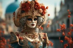 Mysterious figure wearing a Venetian Carnival Mask, evoking the allure and elegance of Venice. Generative AI photo