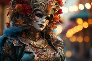 Mysterious figure wearing a Venetian Carnival Mask, evoking the allure and elegance of Venice. Generative AI photo