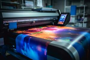 Large inkjet printer printing on a variety of materials, such as vinyl, fabric, and canvas, showcasing the versatility of these printers. Generative Ai photo