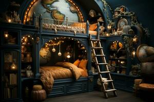Kids bedroom with a whimsical adventure theme, featuring bunk beds, colorful decor, and a world map on the wall, inspiring young minds to explore. Generative Ai photo