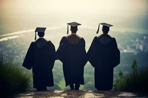 un inspirador imagen de estudiantes vistiendo graduación tapas y batas, mirando hacia el futuro con esperanza y determinación, simbolizando el último objetivo de educación. generativo ai foto