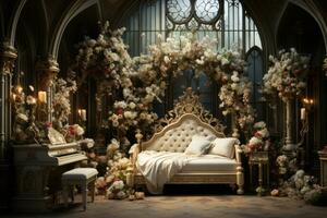 An opulent Victorian-style bedroom with intricate detailing, ornate furniture, and rich fabrics, showcasing classic elegance and sophistication. Generative Ai photo