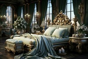 An opulent Victorian-style bedroom with intricate detailing, ornate furniture, and rich fabrics, showcasing classic elegance and sophistication. Generative Ai photo