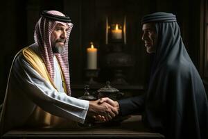 Arab Sheik businessman giving a handshake to his business partner. Generative AI photo