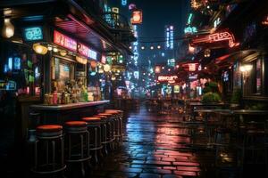 An urban street scene with glowing neon lights, conveying the vibrant energy of a city nightlife. Generative Ai photo