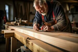 Close-up images of a carpenter using measuring tools to ensure accuracy, emphasizing attention to detail. Generative AI photo