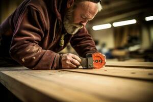 Close-up images of a carpenter using measuring tools to ensure accuracy, emphasizing attention to detail. Generative AI photo