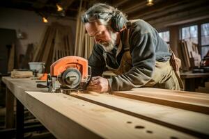 Close-up images of a carpenter using measuring tools to ensure accuracy, emphasizing attention to detail. Generative AI photo