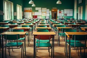 Empty tables and chairs school classroom without students. Generative Ai photo