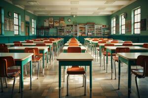 Empty tables and chairs school classroom without students. Generative Ai photo