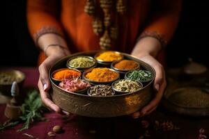 Hands holding a traditional Indian spice box Masala Dabba with curcuma as a centerpiece. Generative AI photo