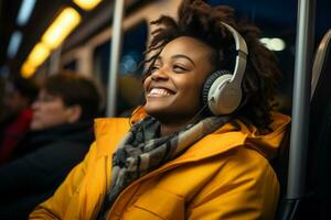Happy young African American woman passenger listening music via smart mobile phone in a train, Female wearing wireless headphones while moving in the tram, lifestyle, transportation. Generative Ai photo
