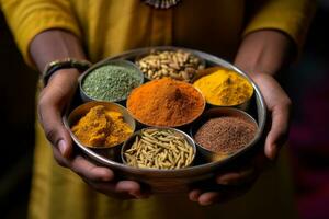 Hands holding a traditional Indian spice box Masala Dabba with curcuma as a centerpiece. Generative AI photo