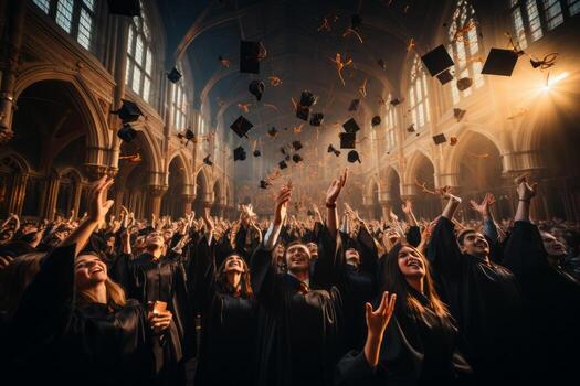 Graduates throwing mortarboards in the air, capturing the joy of educational achievement and success. Generative Ai photo
