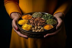 Hands holding a traditional Indian spice box Masala Dabba with curcuma as a centerpiece. Generative AI photo