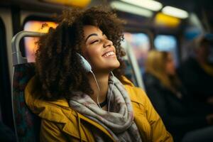 Happy young African American woman passenger listening music via smart mobile phone in a train, Female wearing wireless headphones while moving in the tram, lifestyle, transportation. Generative Ai photo