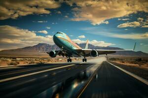 An airplane is seen taking off from a runway, with majestic mountains serving as a breathtaking backdrop. The aircraft is in the process of ascending into the clear sky. Generative AI photo