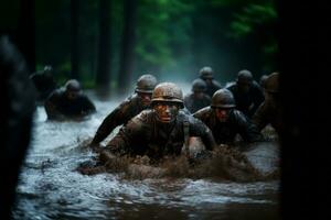 infantería de marina en acción durante intenso formación ejercicios, destacando su disciplina y determinación. generativo ai foto