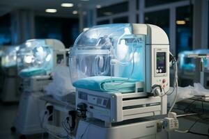 Intensive care unit, incubator for premature born, ventilator for artificial lung ventilation. Generative Ai photo