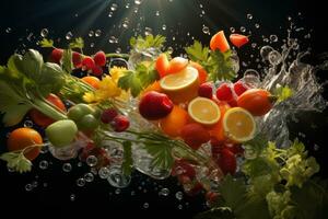 Powerful Impact of a fresh fruits, vegetables, and herbs. Emphasizing their organic and potent nature. Generative Ai photo